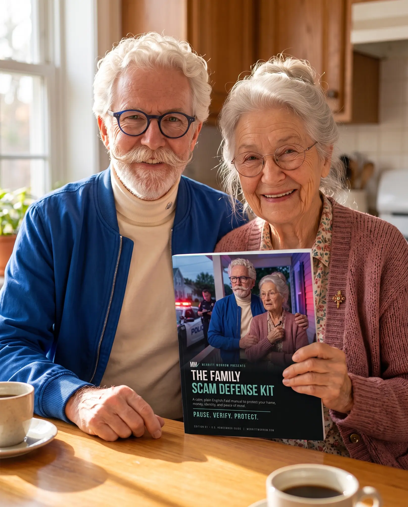 Older couple reviewing the Family Scam Defense Kit together at their kitchen table