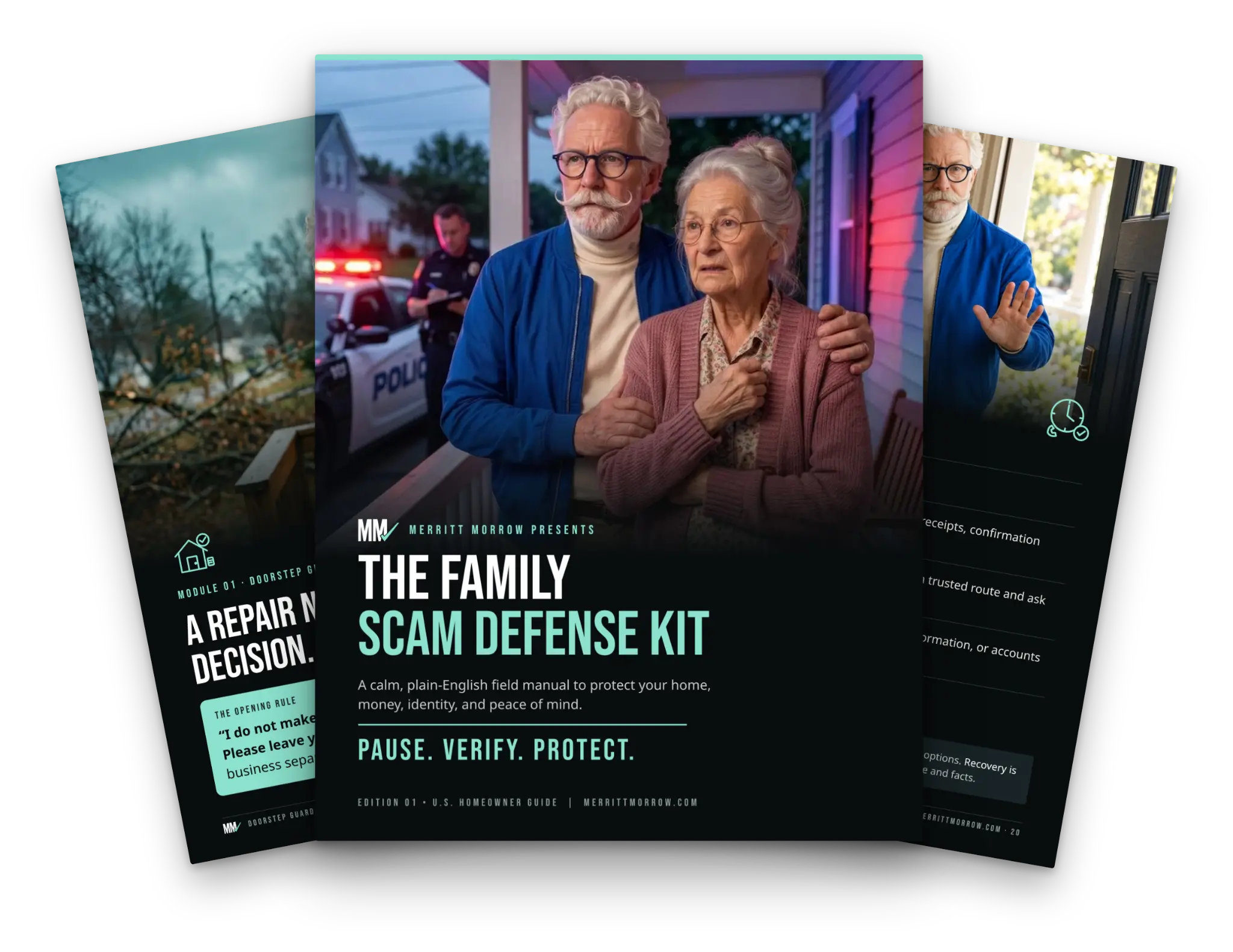 The Family Scam Defense Kit shown as a digital three-page fan