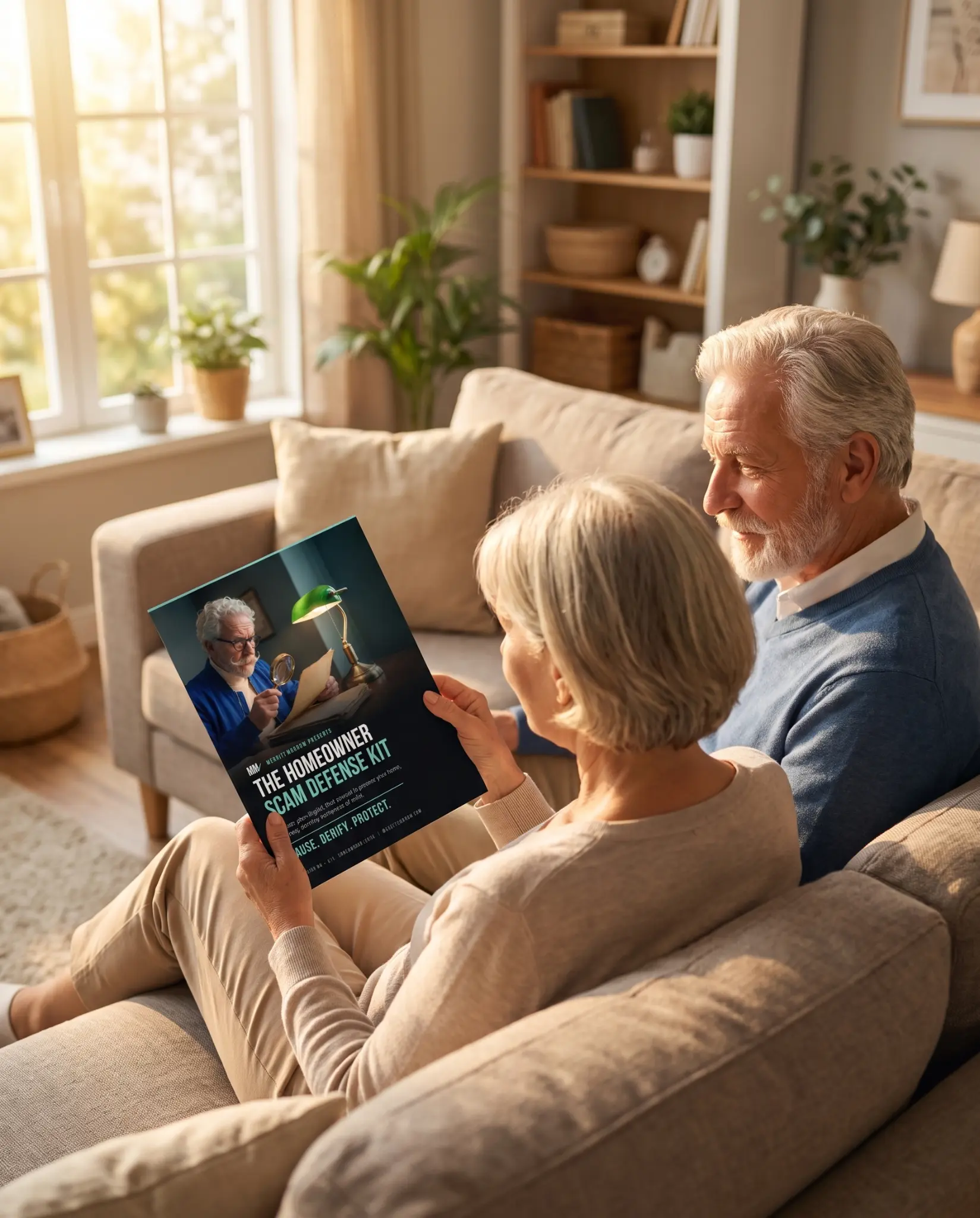 Older homeowners reading the Homeowner Scam Defense Kit together at home