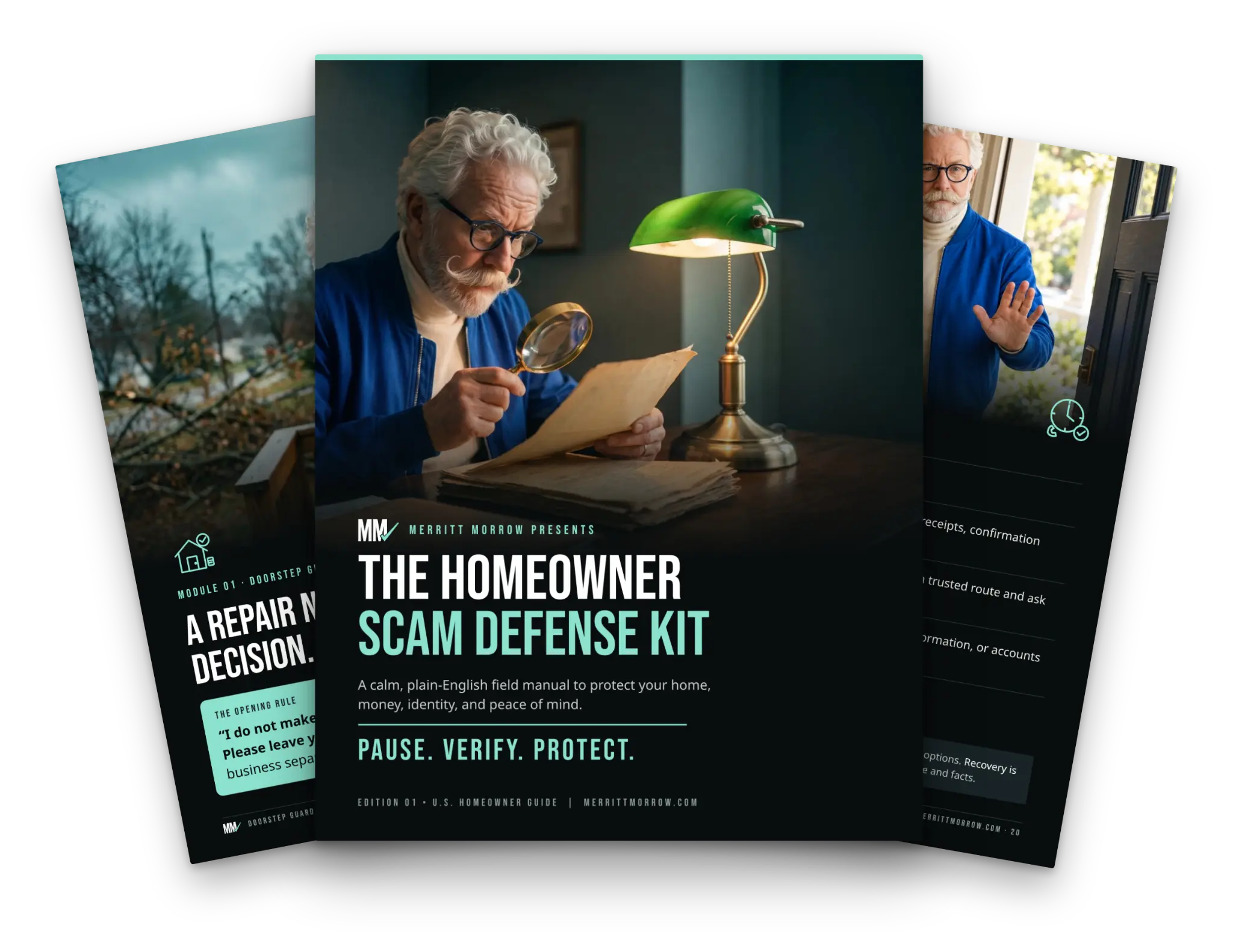 The Homeowner Scam Defense Kit digital field manual shown as a three-page fan