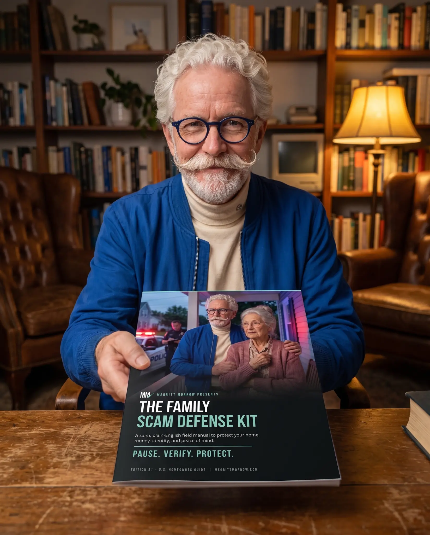 Merritt Morrow holding the Family Scam Defense Kit in his study